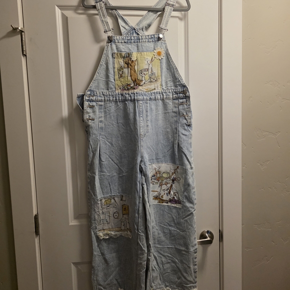 Denim - Light Wash Denim Overalls with Whimsical Patch Art